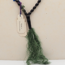 Vintage prayer bead strand Czech black glass beads green tassle