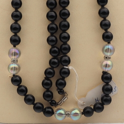 Vintage Czech necklace black clear round glass beads 36"