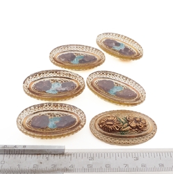 Lot (6) Czech oval floral glass cabochons shankless buttons 42x25mm