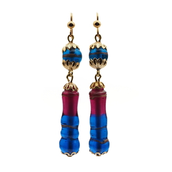 Pair handmade lampwork pink blue bicolor goldstone glass bead earrings