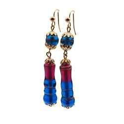 Pair handmade lampwork pink blue bicolor goldstone glass bead earrings
