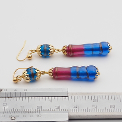 Pair handmade lampwork pink blue bicolor goldstone glass bead earrings