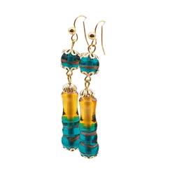 Pair handmade lampwork topaz aqua bicolor goldstone glass bead earrings