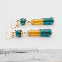 Pair handmade lampwork topaz aqua bicolor goldstone glass bead earrings