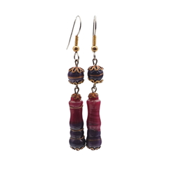 Pair handmade lampwork bicolor goldstone striped glass bead earrings