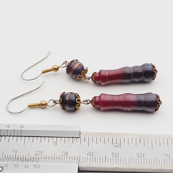 Pair handmade lampwork bicolor goldstone striped glass bead earrings