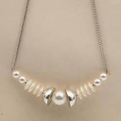 Vintage Czech silver chain necklace pearl glass silver plastic beads 