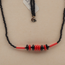 Vintage Czech necklace red black rondelle glass red bugle plastic beads 