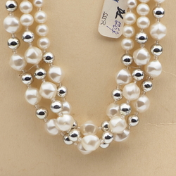 Vintage Czech 3 strand necklace pearl silver glass beads 
