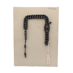 Vintage prayer bead strand Egytptian revival silver lustre black glass beads 