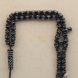 Vintage prayer bead strand Egytptian revival silver lustre black glass beads 