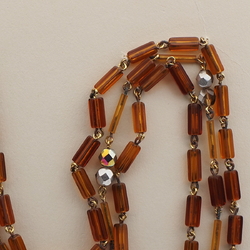 Vintage Czech 3 strand link necklace topaz pentagon vitrail glass beads 