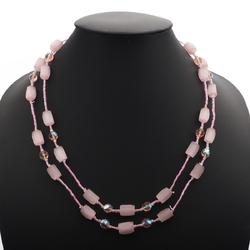 Vintage Czech 2 strand necklace pink satin atlas vitrail AB glass beads 21"