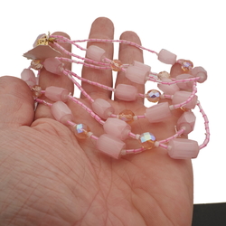 Vintage Czech 2 strand necklace pink satin atlas vitrail AB glass beads 21"