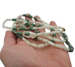 Long vintage Czech necklace green satin atlas pentagon twist bugle glass beads 47"