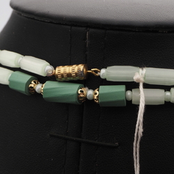 Long vintage Czech necklace green satin atlas pentagon twist bugle glass beads 47"