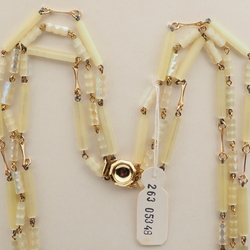 Vintage Czech 3 strand link necklace yellow satin atlas bugle glass beads 