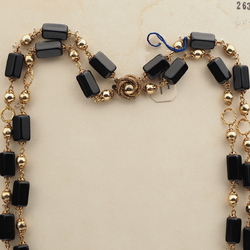 Vintage Czech 2 strand link necklace black pentagon gold glass beads 