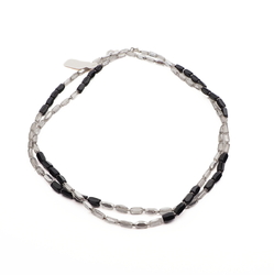 Long vintage Czech necklace black silvered clear pentagon glass beads 47"