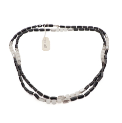 Long vintage Czech necklace black silvered clear satin atlas pentagon glass beads 48"