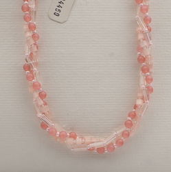Vintage Czech 3 strand necklace pink satin atlas opaline clear glass beads 
