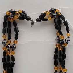 Vintage Czech 3 strand necklace hematite black golden yellow glass beads 