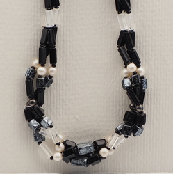 Vintage Czech 3 strand necklace black clear marble pentagon pearl glass beads 