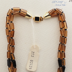 Vintage Czech 3 strand necklace vitrail topaz black marble pentagon black glass beads 