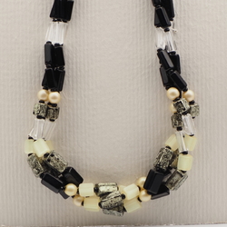 Vintage Czech 3 strand necklace yellow black clear marble pentagon pearl glass beads 