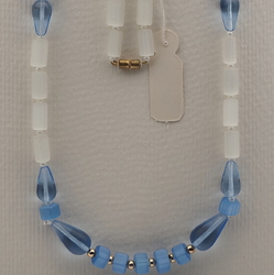 Vintage Czech necklace frost blue satin atlas pentagon blue teardrop glass beads 