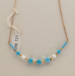 Vintage Czech gold chain necklace blue white round cube bugle glass beads 