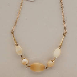Vintage Czech gold chain necklace beige marble glass beads