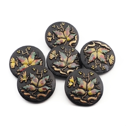 Lot (6) Vintage flower butterfly black glass buttons 32mm hand painted gold gilt Czech