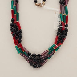 Vintage Czech 4 strand necklace black green red purple glass beads