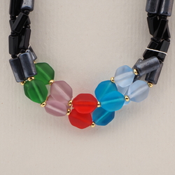 Vintage Czech 3 strand necklace black hematite hexagon frost glass beads