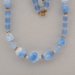 Vintage Czech necklace blue white marble blue satin atlas glass beads