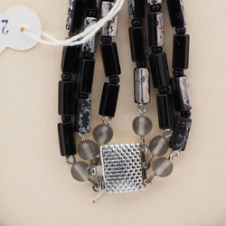 Vintage Czech 3 strand necklace black part silvered bugle frost glass beads 