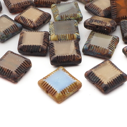 Lot (28) Czech marble square table cut Picasso glass beads 17mm
