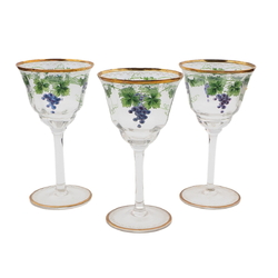 Set (3) antique Bohemian hand painted grapes vines wine glasses