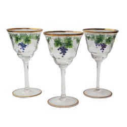 Set (3) antique Bohemian hand painted grapes vines wine glasses