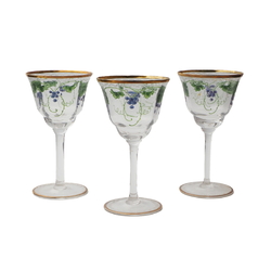 Set (3) antique Bohemian hand painted grapes vines wine glasses