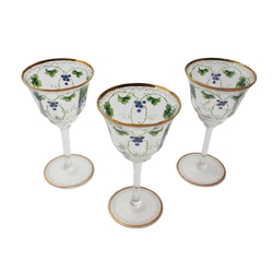 Set (3) antique Bohemian hand painted grapes vines wine glasses