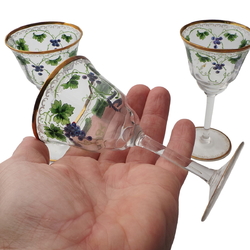 Set (3) antique Bohemian hand painted grapes vines wine glasses