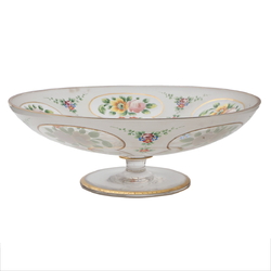 Antique Bohemian hand painted floral crystal glass pedestal fruit bowl