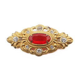 Vintage Czech gold metal floral pin brooch red clear glass rhinestones