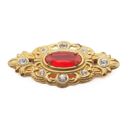 Vintage Czech gold metal floral pin brooch red clear glass rhinestones