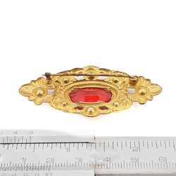 Vintage Czech gold metal floral pin brooch red clear glass rhinestones