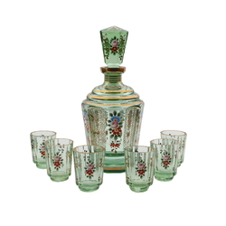 Antique Bohemian hand painted glass decanter and shot set