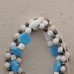 Vintage Czech 3 strand elastic bracelet blue white hematite glass beads