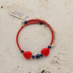 Vintage Czech sprung wired bracelet red heart blue glass beads